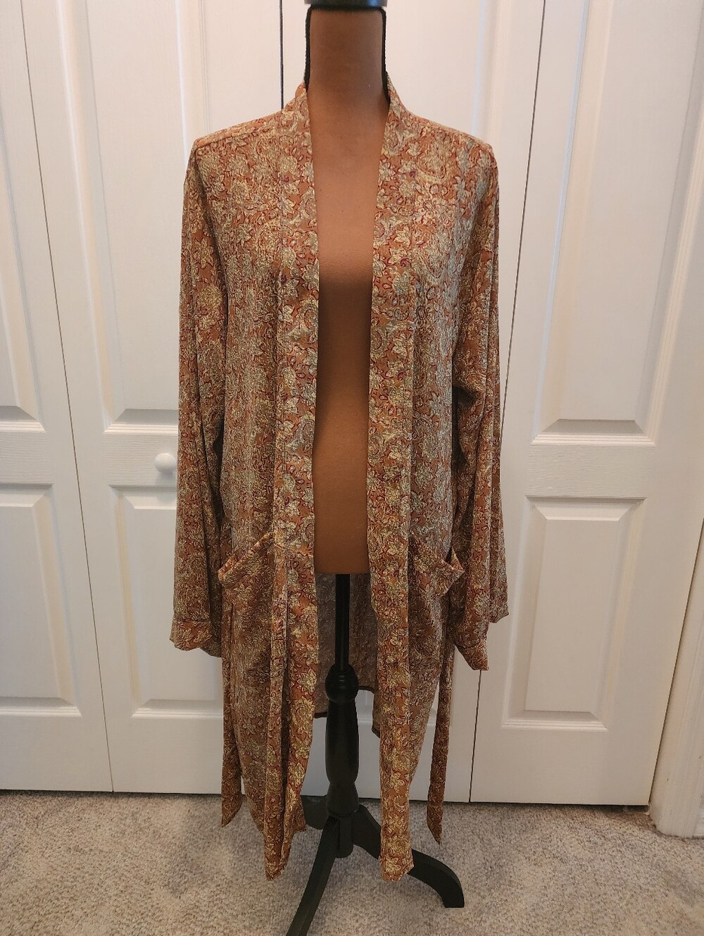 Earthbound Trading Co. Lightweight Floral Paisley Duster Silk Robe- Rust & Cream